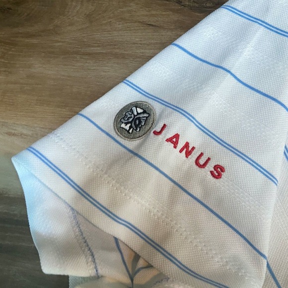 Nike Polo Shirt Mens XXL Standard Fit Dri-FIT Blue Striped Golf JANUS embroidery - Picture 7 of 9